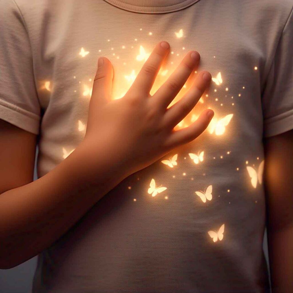 mano derecha sobre el pecho de un niño, salen brillos de luz destellos luminosos en forma de mariposas
