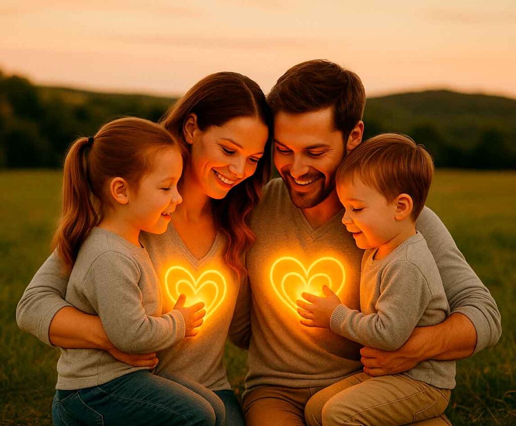 Una familia, madre, padre, una niña y un niño juntos entrelazados por el amor que emana de padres a hijos