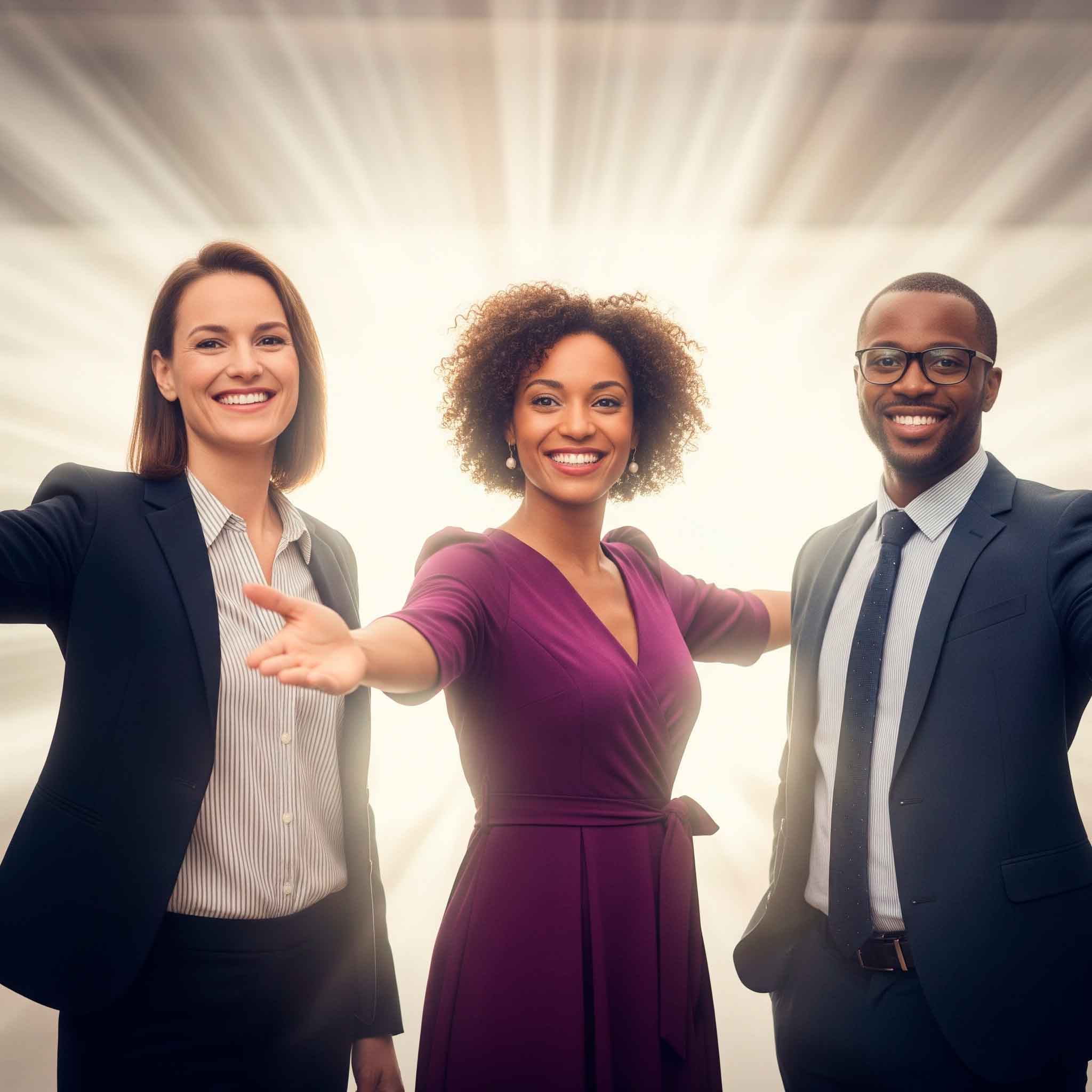 tres maestros dos mujeres y un hombre, con un fondo brillante