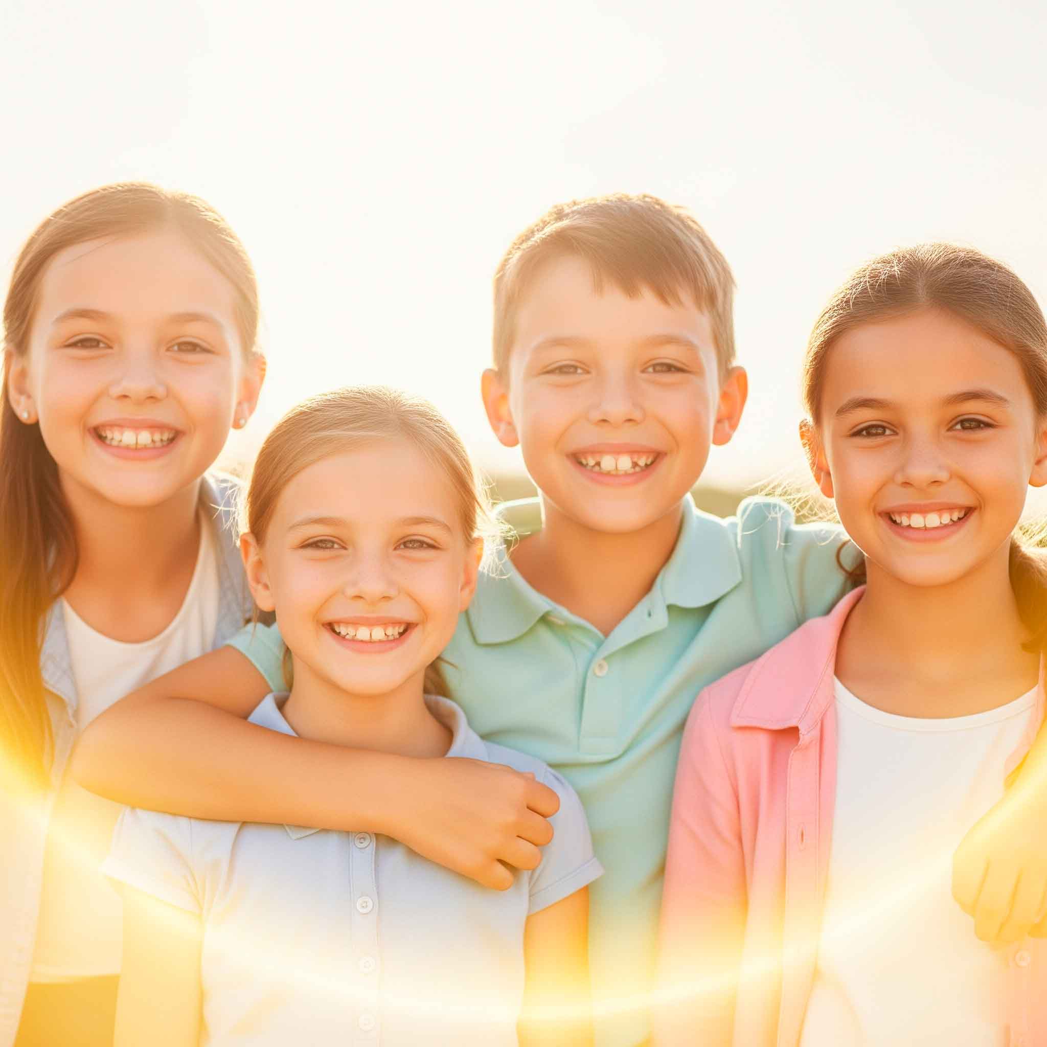 un niño y tres niñas sonrientes con un aurea de luz