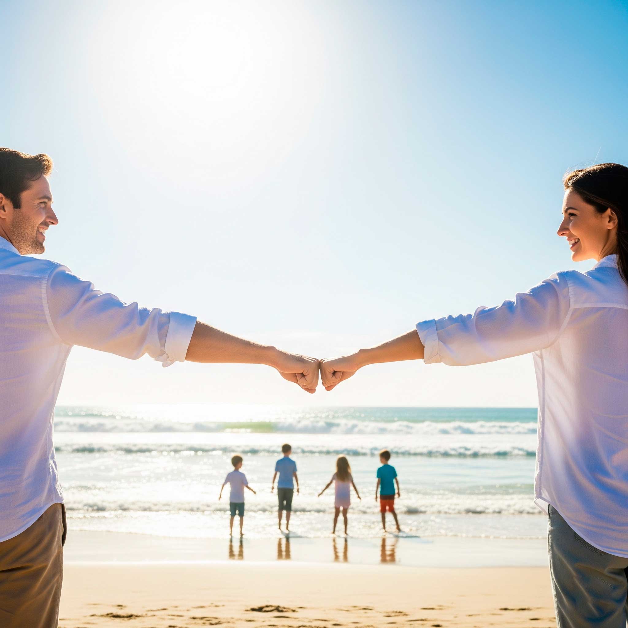 Pareja que juntan sus puños para trabajar juntos por el bienestar y futuro de sus hijos
