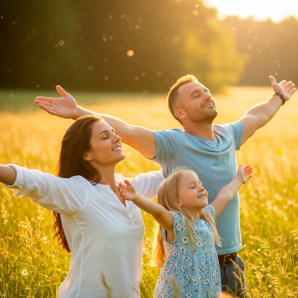 familia padre, madre y una hija con los brazos extendidos hacia arriba imitando la posicion de un ave, significa paz, seguridad, confianza y armonía