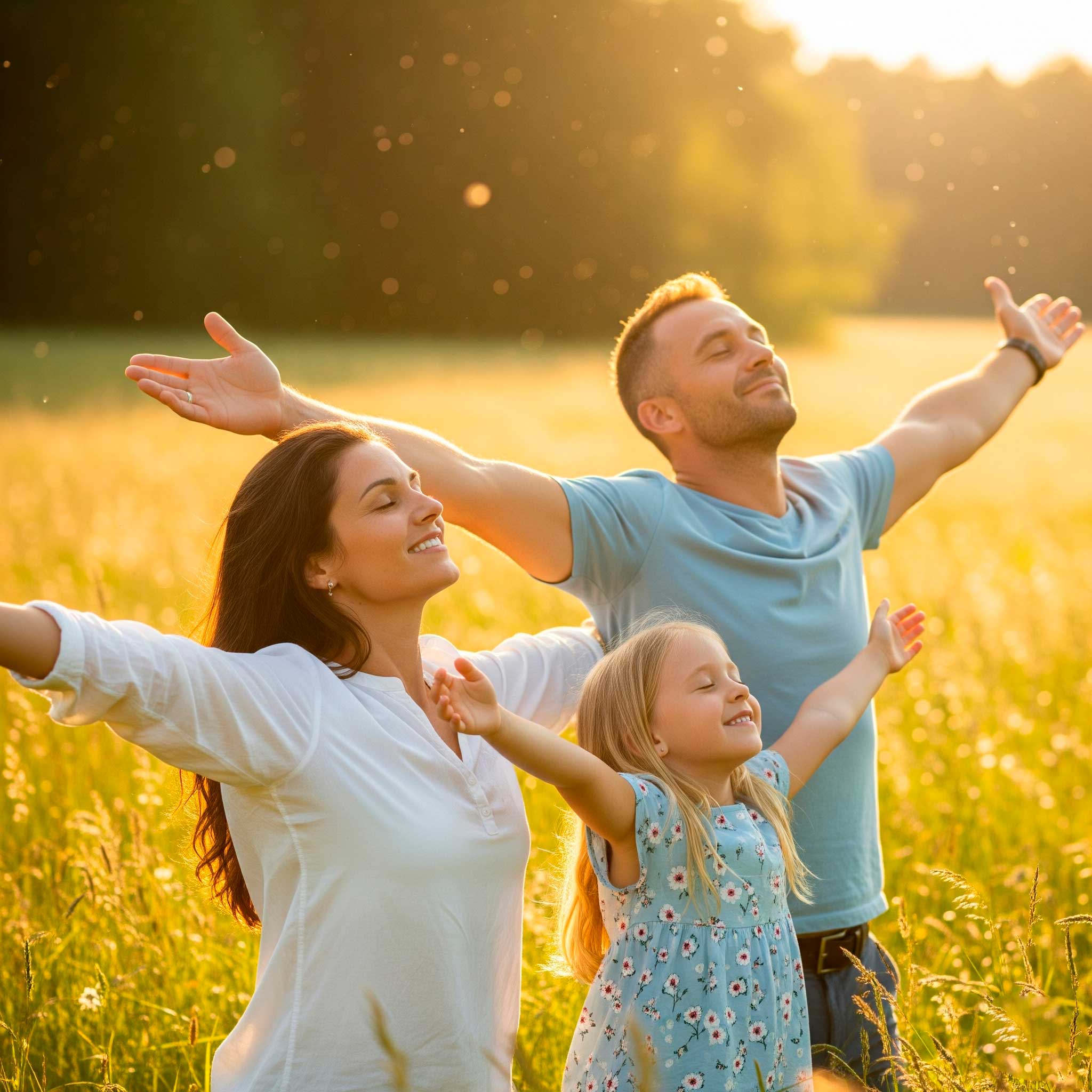 familia padre, madre y una hija con los brazos extendidos hacia arriba imitando la posicion de un ave, significa paz, seguridad, confianza y armonía